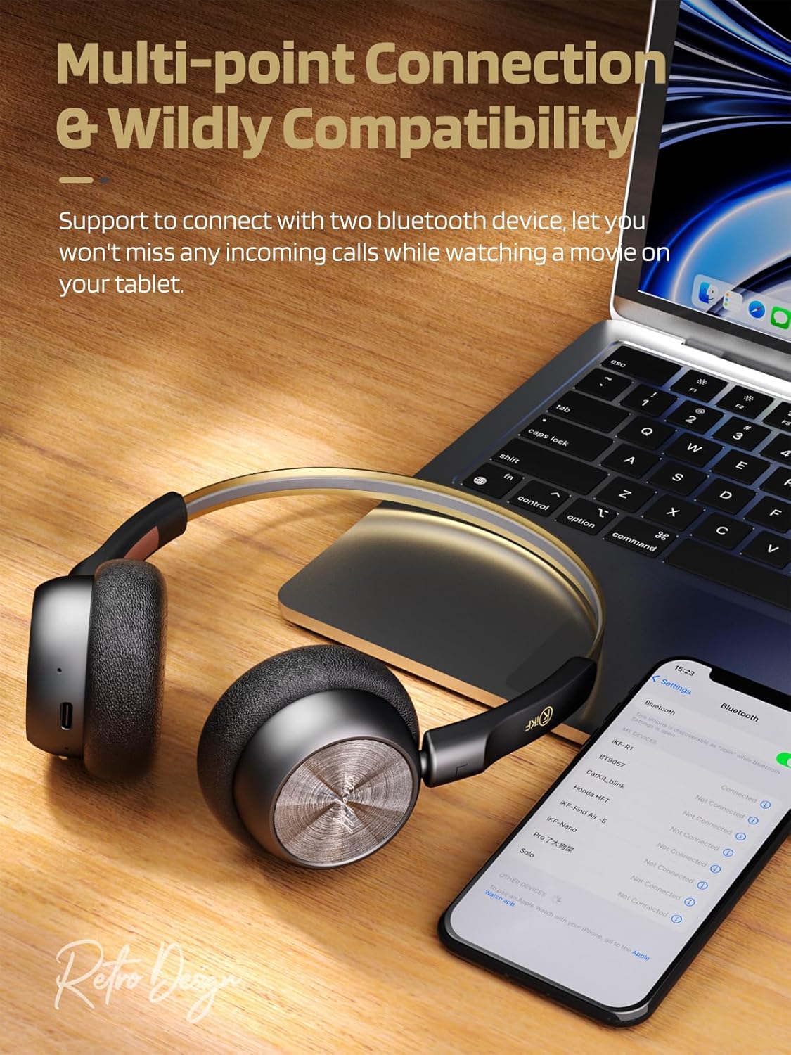 iKF-R1 headphones connected to a laptop and smartphone, demonstrating multipoint connection capability.