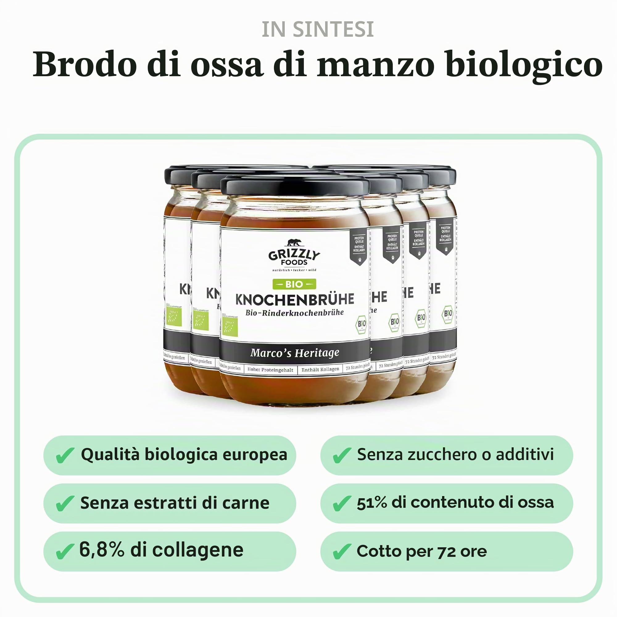 Grizzly Foods Brodo di ossa di manzo biologico (6 x 500 ml) - 25 g di collagene per bicchiere - Cotto per 72 ore - 100% naturale - Senza zucchero, senza additivi - Nutrienti preziosi - Bone Broth