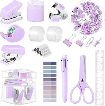 Mini Office Supplies, Purple School Supplies with Sticky Notes,Mini Stapler,Tape Dispenser,Hole Punch,Staple Remover,Staples,Clips,Scissor,Pen Purple