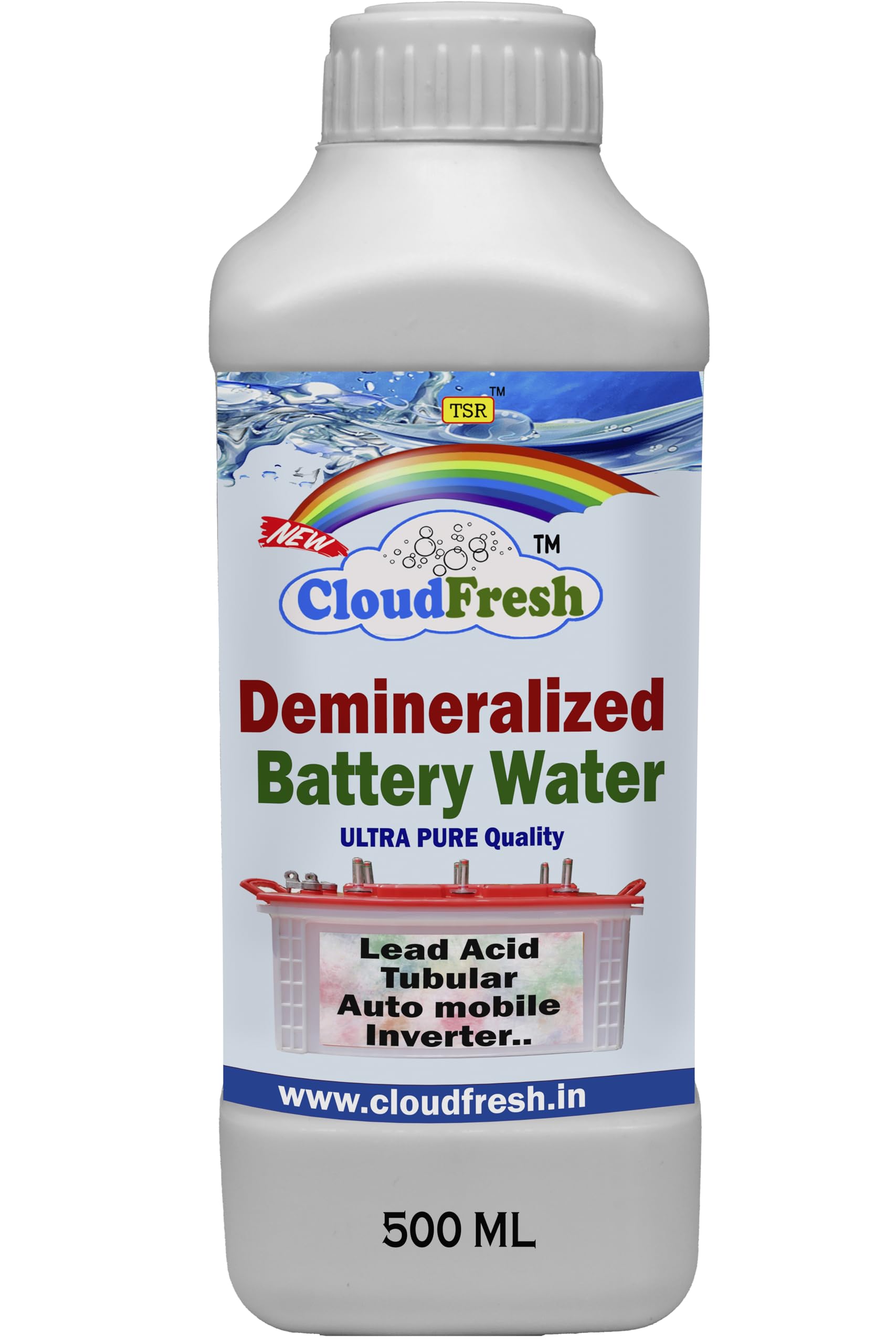 CloudFresh Ultra-Pure Demineralized Water for Batteries 500ML Water for Improved Performance and Longevity | Distilled and Deionized Formula for Optimal Electrolyte Maintenance