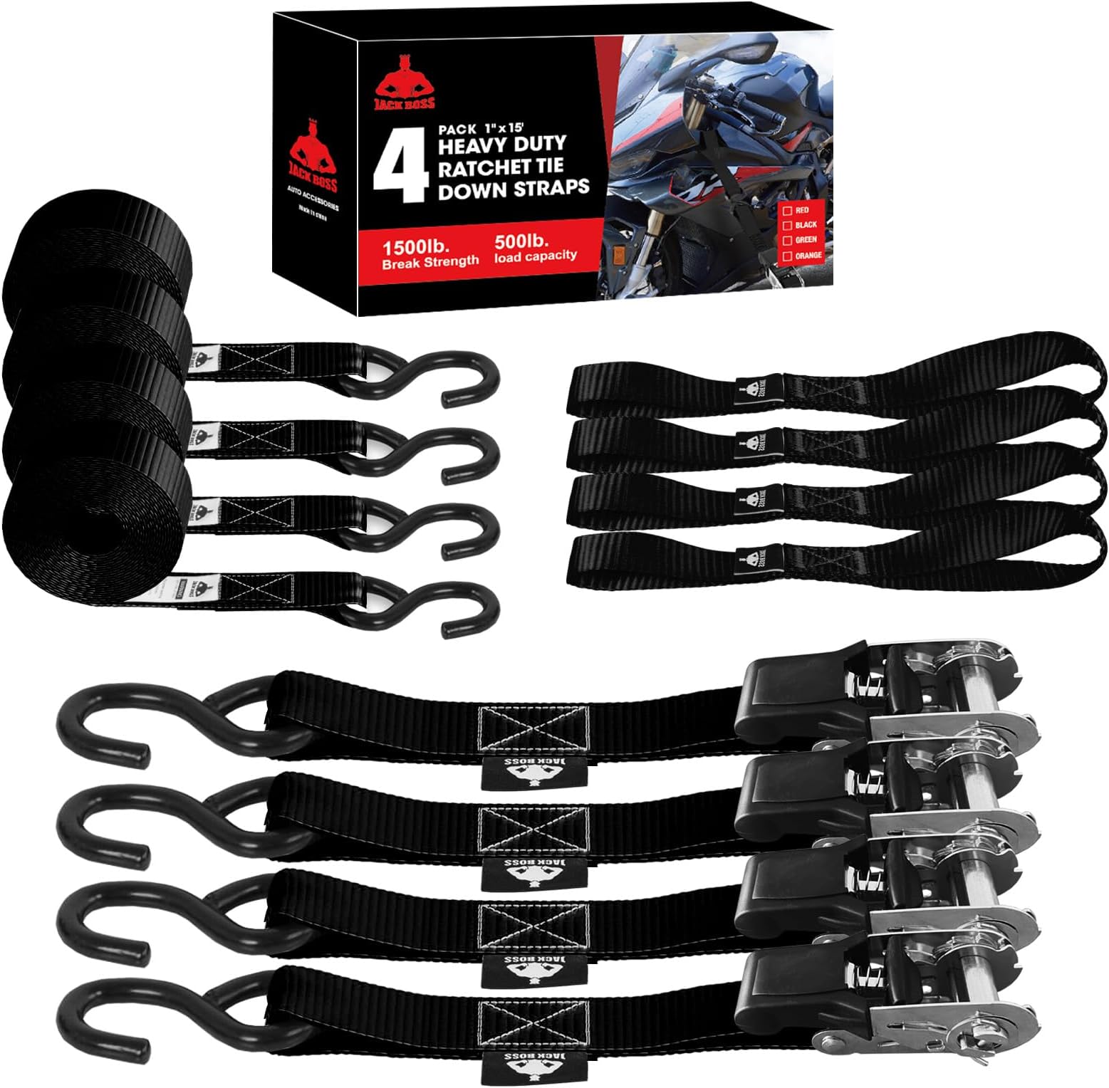 Jack Boss Ratchet Tie Down Straps Set,1500 lbs Break Strength, 1" x 15' Heavy Duty Ratchet Straps with 4X Soft Loops Padded Handles Coated S Hook, Fits for Moving Appliances Motorcycle ATV Truck,Black