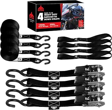 Jack Boss Ratchet Tie Down Straps Set,1500 lbs Break Strength, 1" x 15 Heavy Duty Ratchet Straps with 4X Soft Loops Padded Handles Coated S Hook, Fits for Moving Appliances Motorcycle ATV Truck,Black