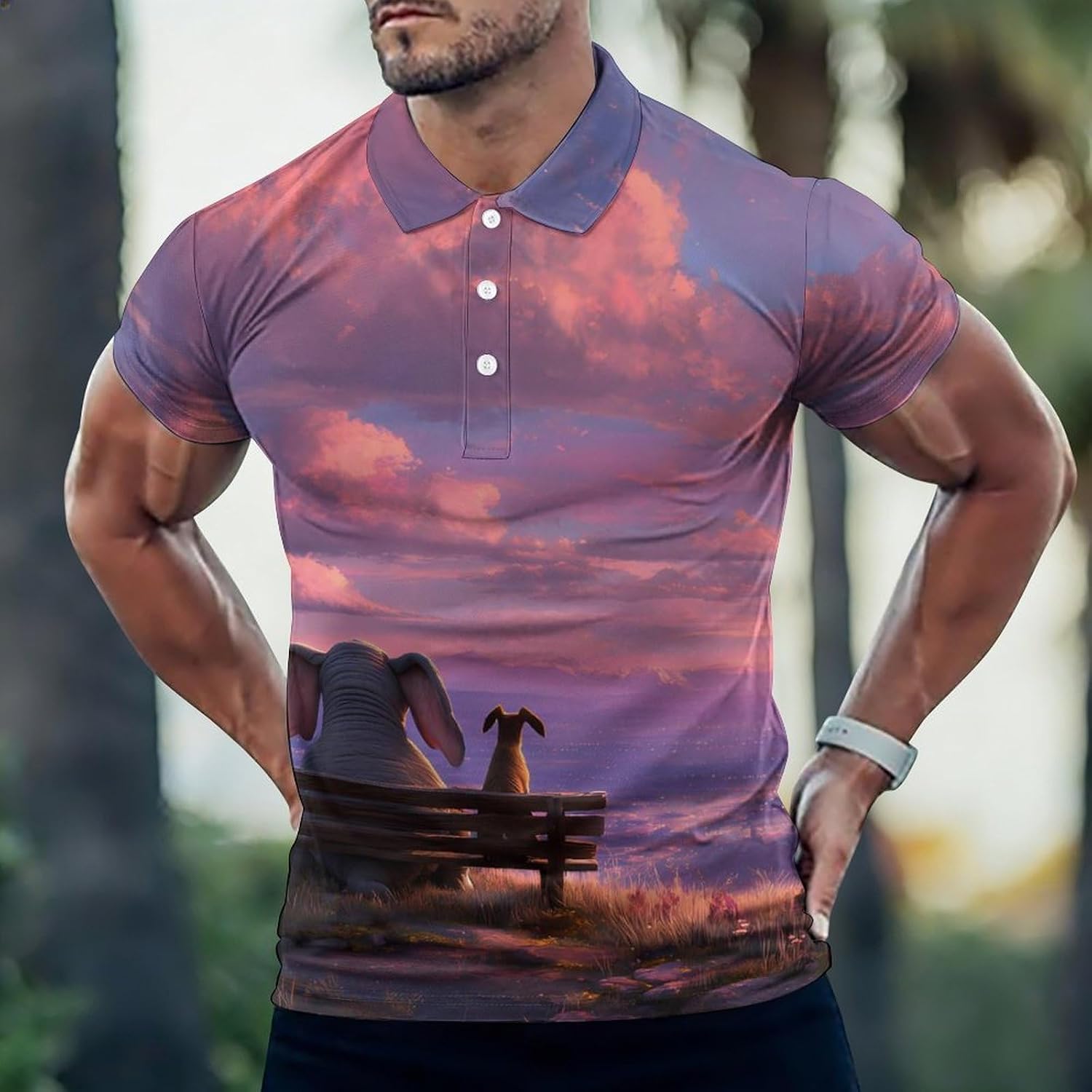 Elephant Dog Sunset Golf Polo Shirts for Men Casual T Shirts 5X-Large