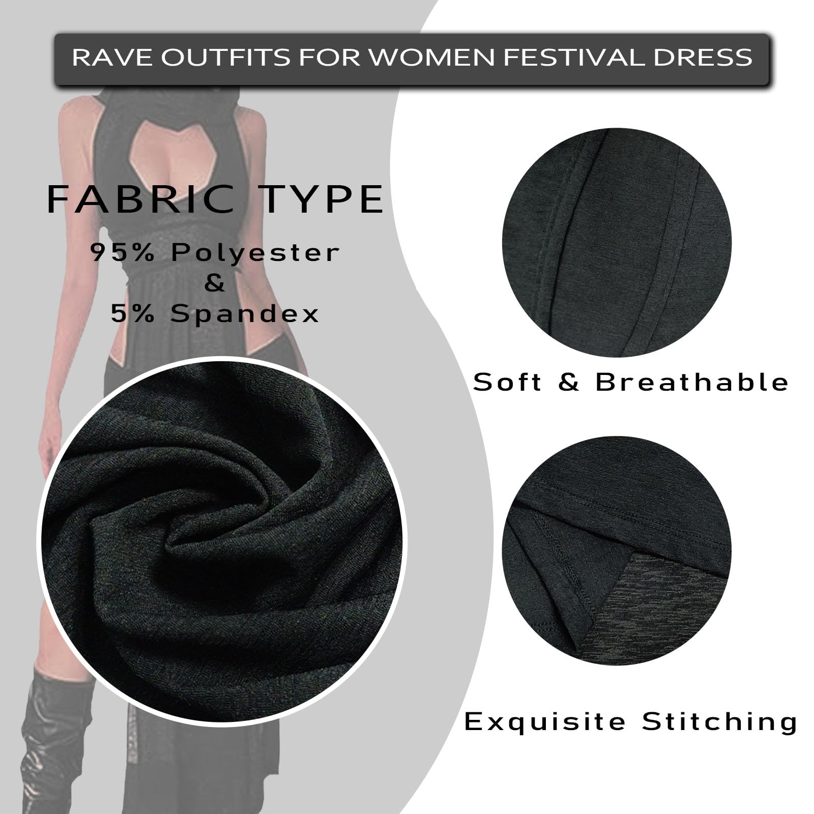 LINNSUJH Gothic Rave Outfits Dresses for Women Festival Long Dresses Sexy Goth Clothes Rave Wear: Black Large