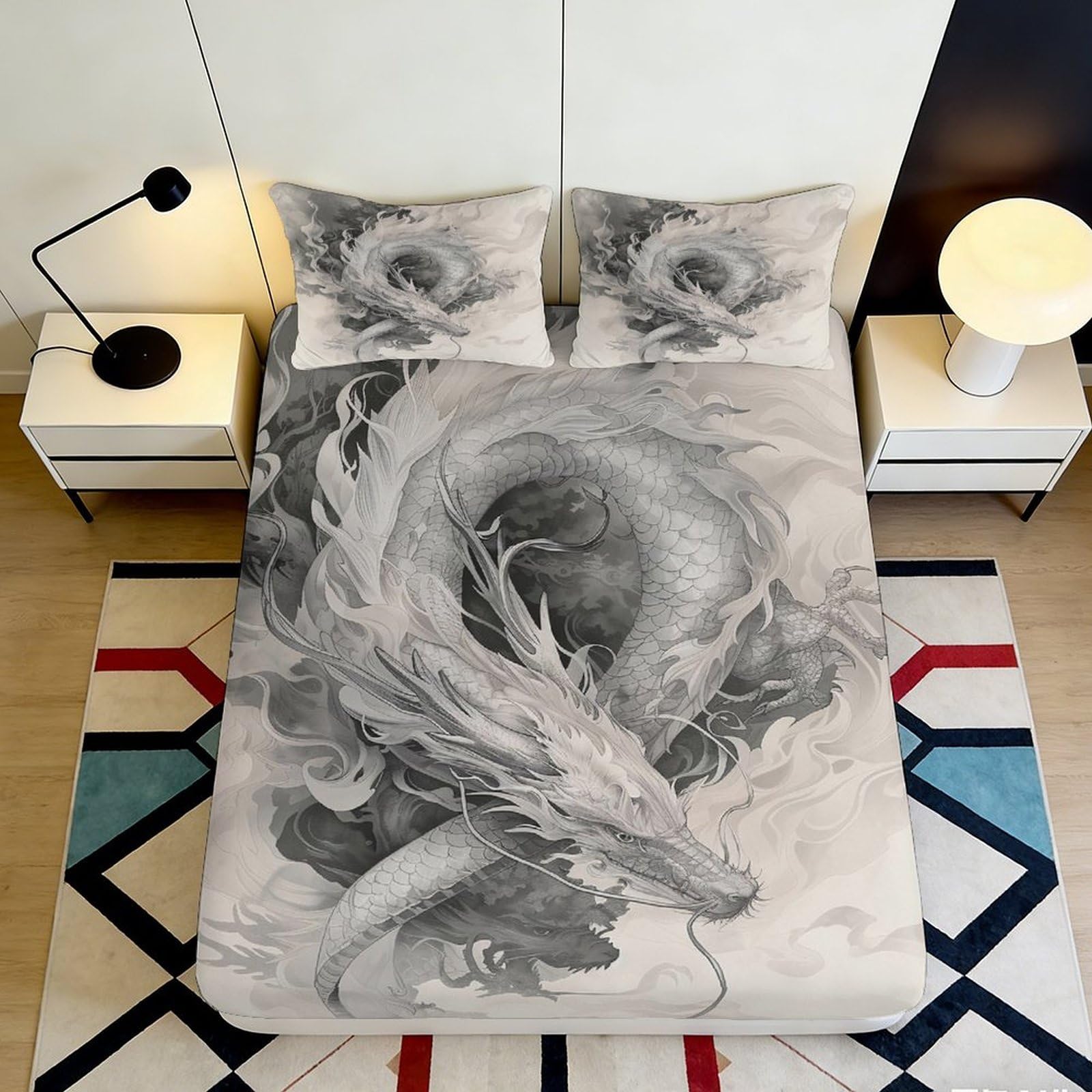 3D Printed dragon Fitted Sheet, soft touch Microfiber, wrinkle resistant, anti-slip bed cover for home decor, guest room bedding, easy care, dustproof, stylish accent, 180x200x25cm