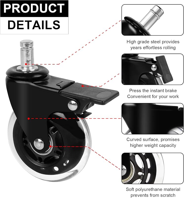 YAOBLUESEA Irodai Szék Görgők 5db - 11x22mm Univerzális Csendes Padlóvédő Kerekek 75mm - Parketta, Laminált Padló Kompatibilis Forgószék Alk