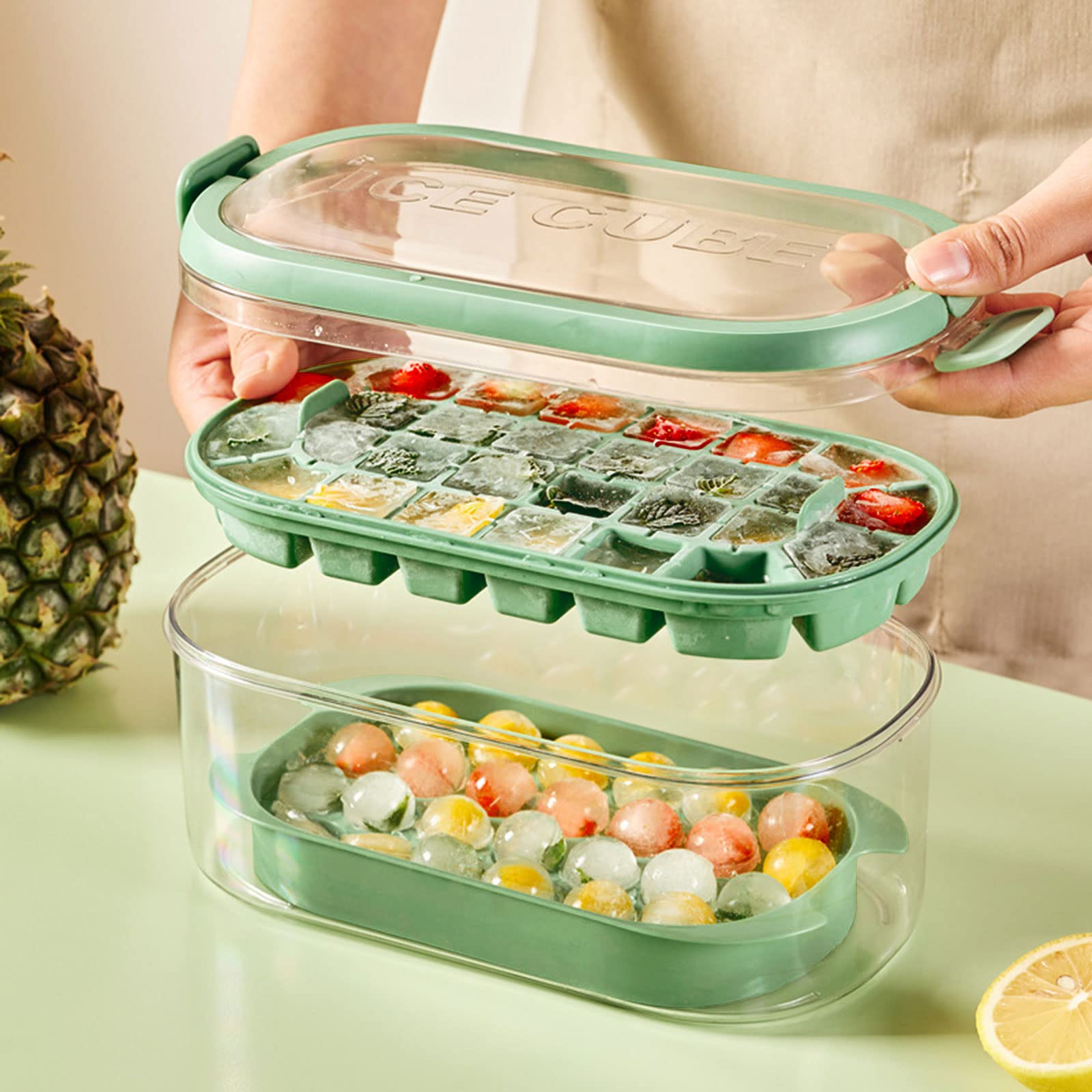 Cubiteras para Hielo de Silicona con tapa y recipiente, Moldes redondos y cuadrados de 54 piezas + pala - Perfectos para Bebidas y Congelador