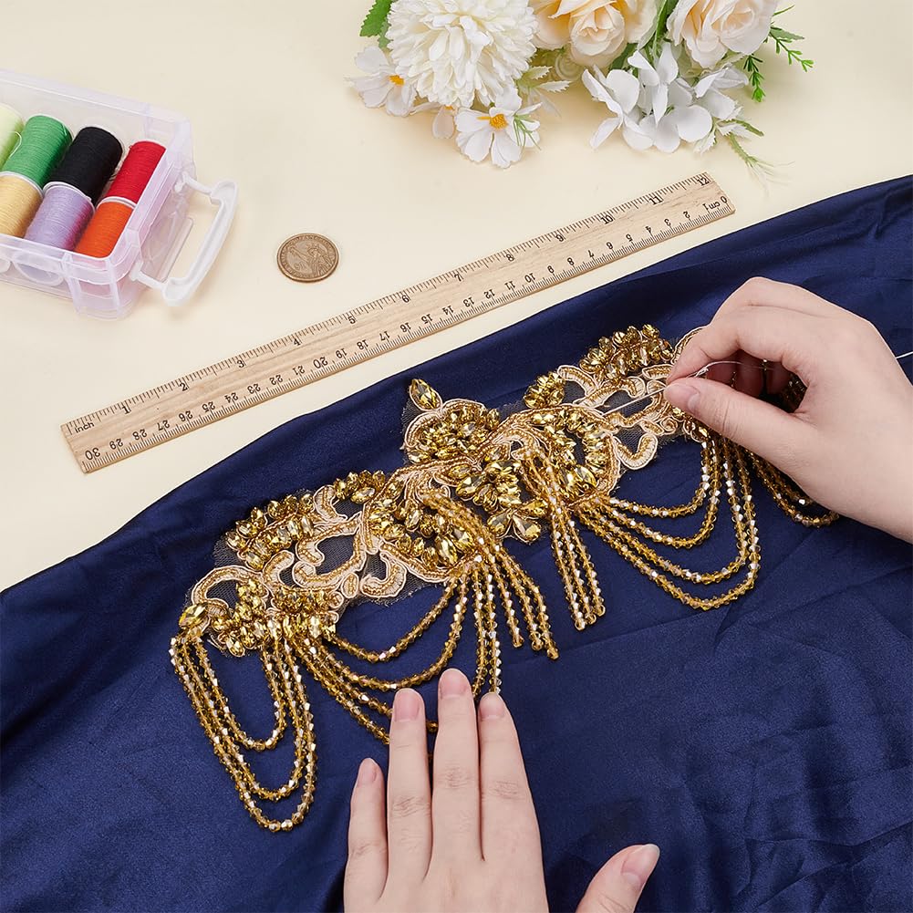FINGERINSPIRE Strass Applikationsverzierung Mit Perlen 130x275x5.5mm Goldene Organza Blumenapplikation Mit Perlenkette Zum Aufnähen Strass Applikationen Für Hochzeitskleider DIY Zubehör Taillendekor
