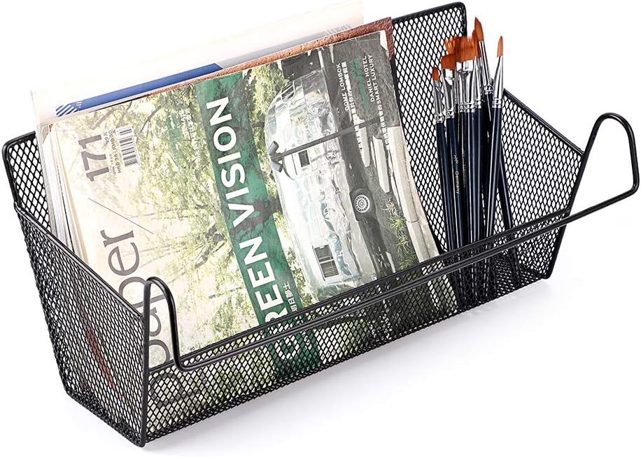 BTSKY Bedside Storage Basket, Dorm Room Bed Storage Basket Metal Mesh Desktop Corner Shelves Hanging Organizer Rack Shelf Bedside for Book Phones Drinks Tissues Office Home with Hook Black