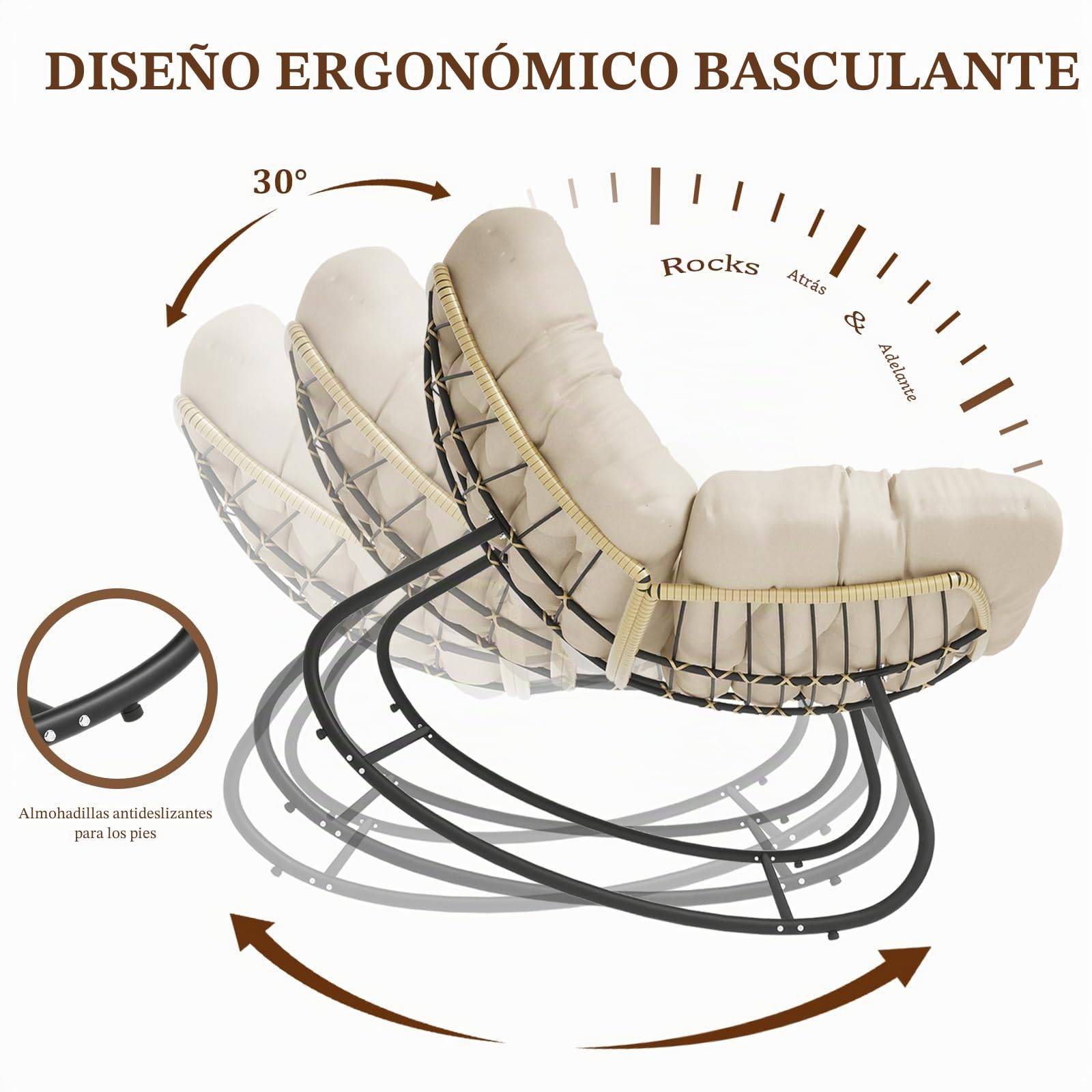 Mecedora, Sillón Mecedor Ergonómico Extra Grande, Mecedora de Ratán, Silla Relax con Cojín Extra Grueso, Ideal para Balcón, Jardín y Salón, Capacidad de Carga Hasta 140kg (Beige)
