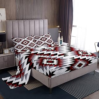 Kids Southwest Native American Design Sheet Set Full Red Grey Geometric BedÂ SheetsÂ Set for Boys Girls Bedroom Decor Tribal SheetsÂ withÂ DeepÂ PocketÂ FittedÂ Sheet Set Women Men with 2 Pillow Case
