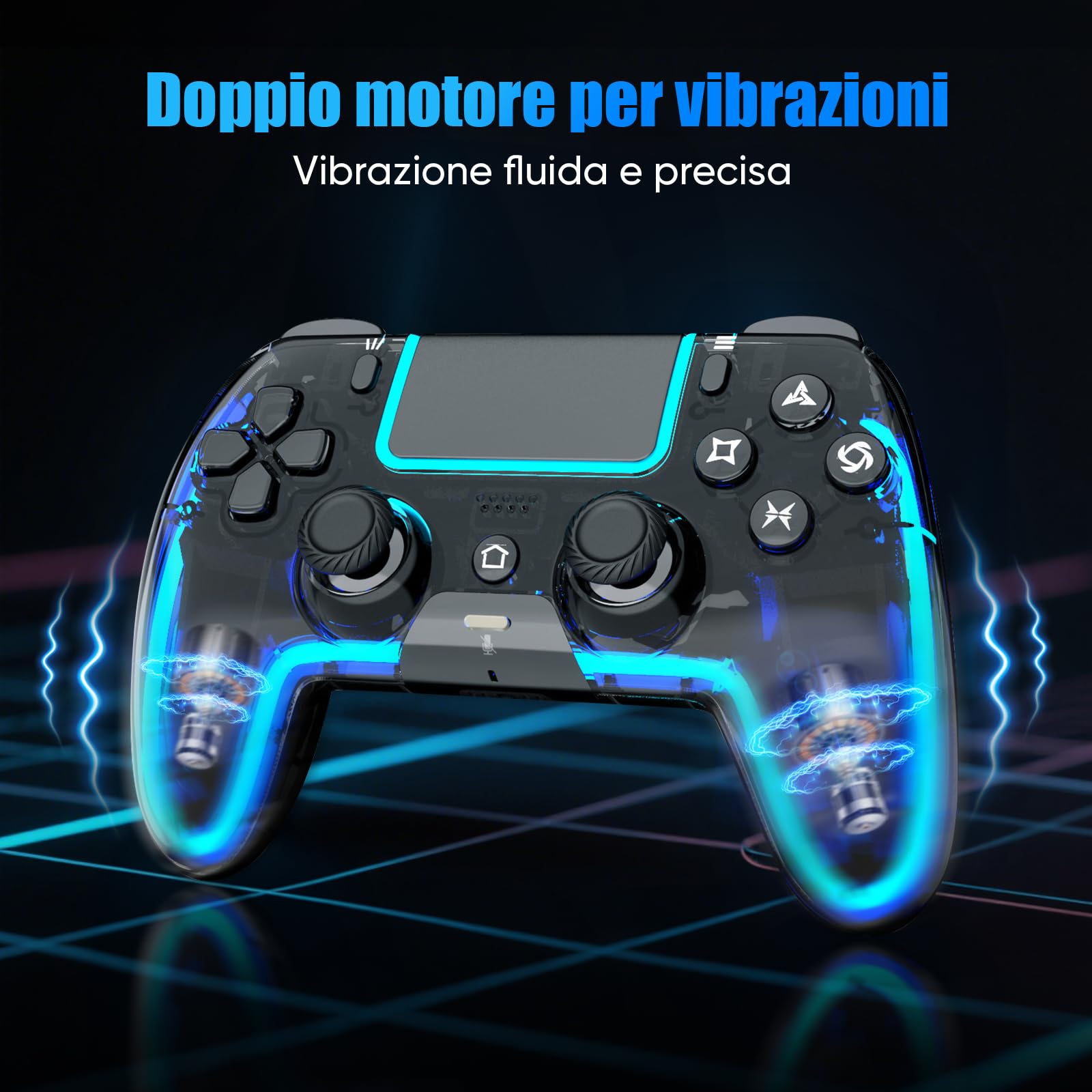 BETMI Controller Wireless per PS5 Pro/Slim, compatibile MAC/Steam Deck/PC, joystick Effetto Hall, doppia vibrazione/Macro/Turbo, jack 3,5mm, 6 assi, gamepad LED con altoparlante (Transparent Black)