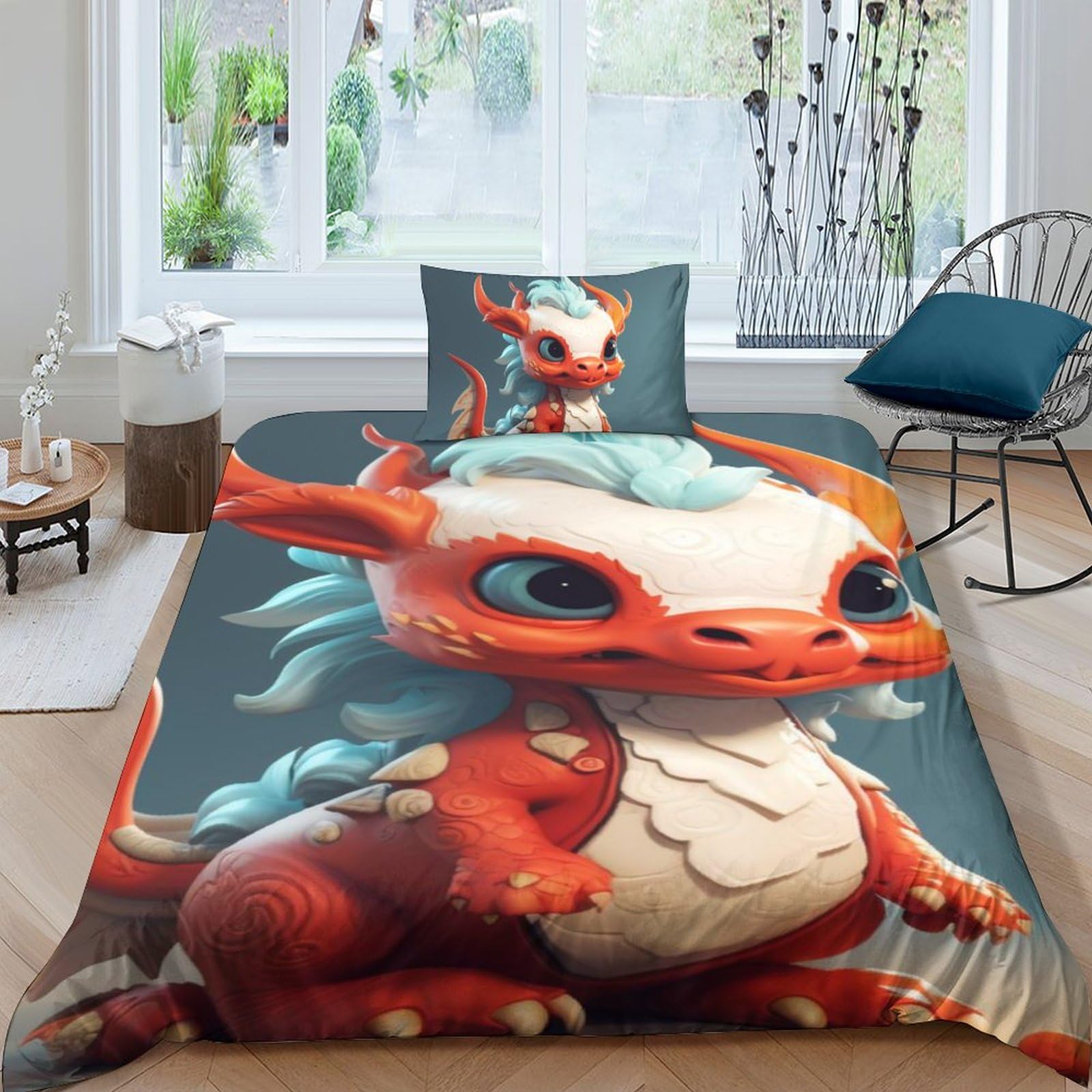 Housse de couette dragon anti-plis parure de lit 135x200 impression 3D adulte single