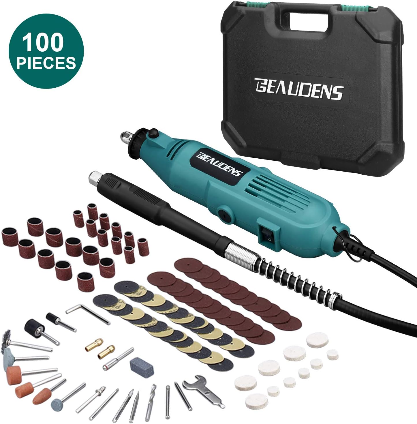 BEAUDENS 130W Rotary Tool Kit with Flex Shaft, 100 Multifunctional Accessories, 7 Adjustable Speed and Solid Carrying Case, 10000-32000rpm Combitool for DIY Professionals, 2 Year Warranty