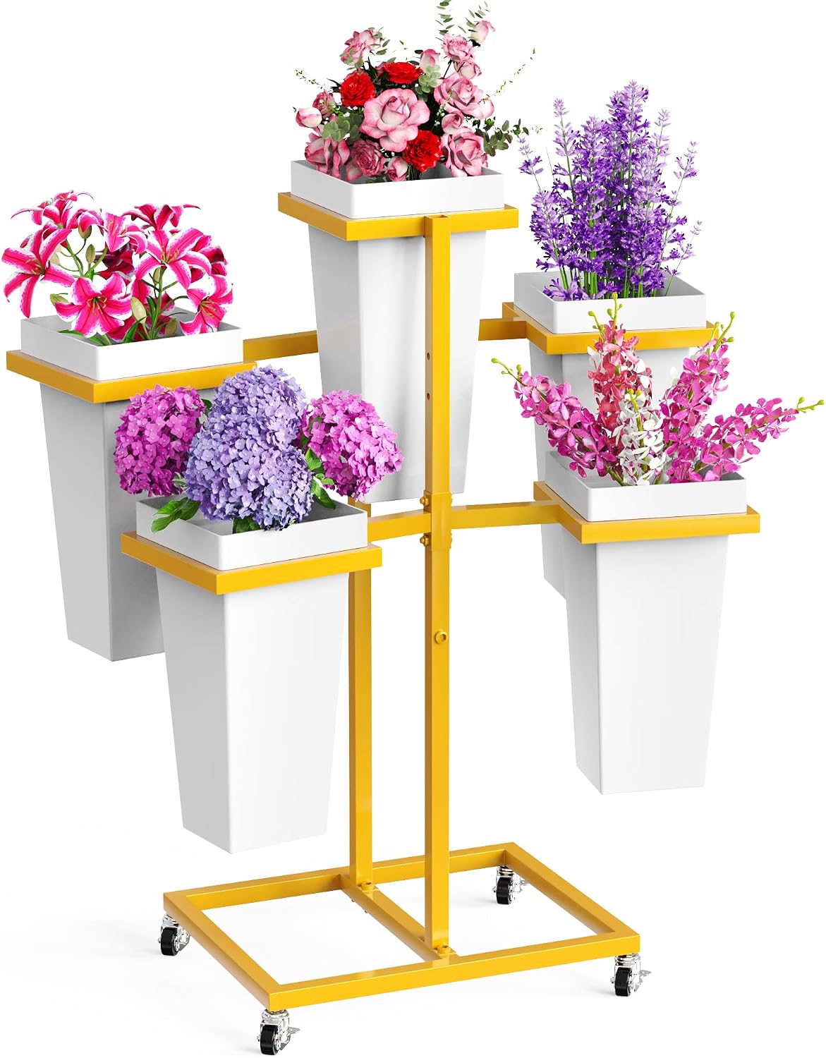 Flower Display Stand with Buckets Wedding Flower Cart with Wheels, Gold Flower Pot Stand, Moving Florist Bouquet Shelf for Weddings Party Bridal Shower Event Patio Garden Living Room Decor