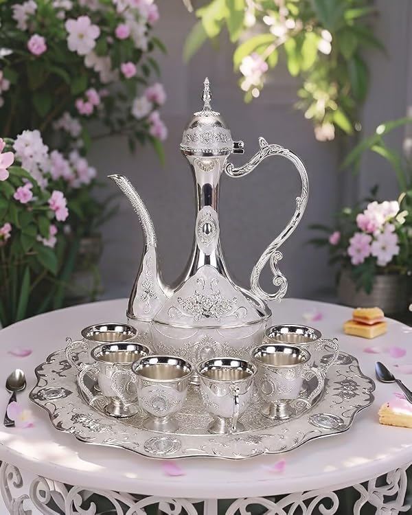 SEEK RARE Large Vintage Turkish Tea Set Coffee Service Set Teapot Sets for Adults Home Party Decor Silver White by SEEK RARE - Image 6
