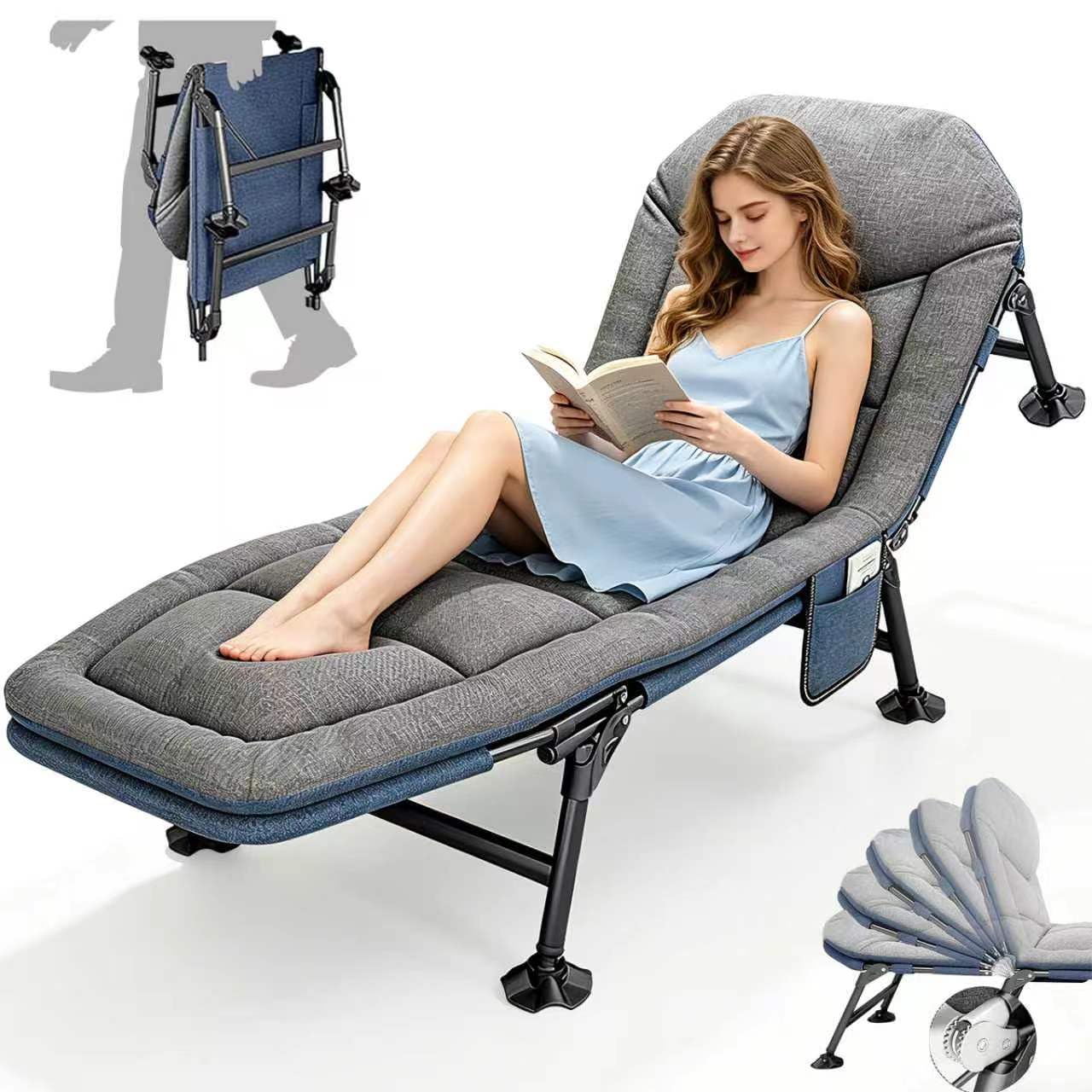 Foldable Sun Lounger, Garden Sun Loungers, 5-way Adjustable Camping Bed, Folding Sunbed with Pillow and Mattress, Fishing Bed Chair Perfect for Camping, Indoor/Outdoor (190 x 65 x 30 cm) (1, Grey)