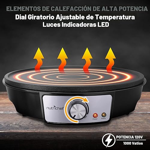 Miniatura 5 de Nutrichef Máquina eléctrica de crepé y placa de cocción para plancha, placa caliente de aluminio antiadherente de 12 pulgadas con luces indicadoras