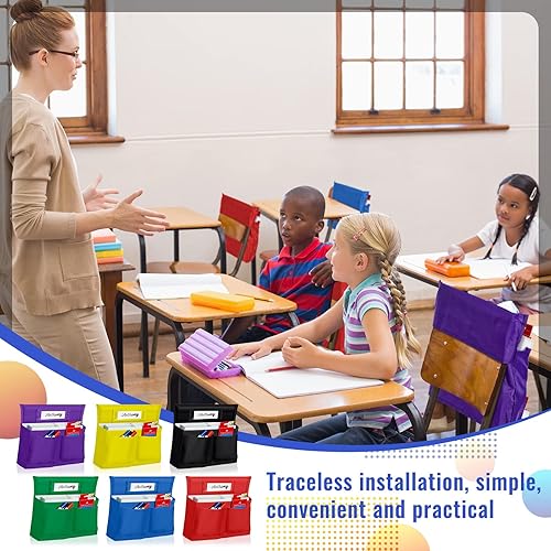 Vista 5 de Lewtemi Paquete de 6 bolsillos para sillas de 18 x 17 pulgadas para organizador de bolsillos de aula con 4 ranuras de almacenamiento para sillas sin