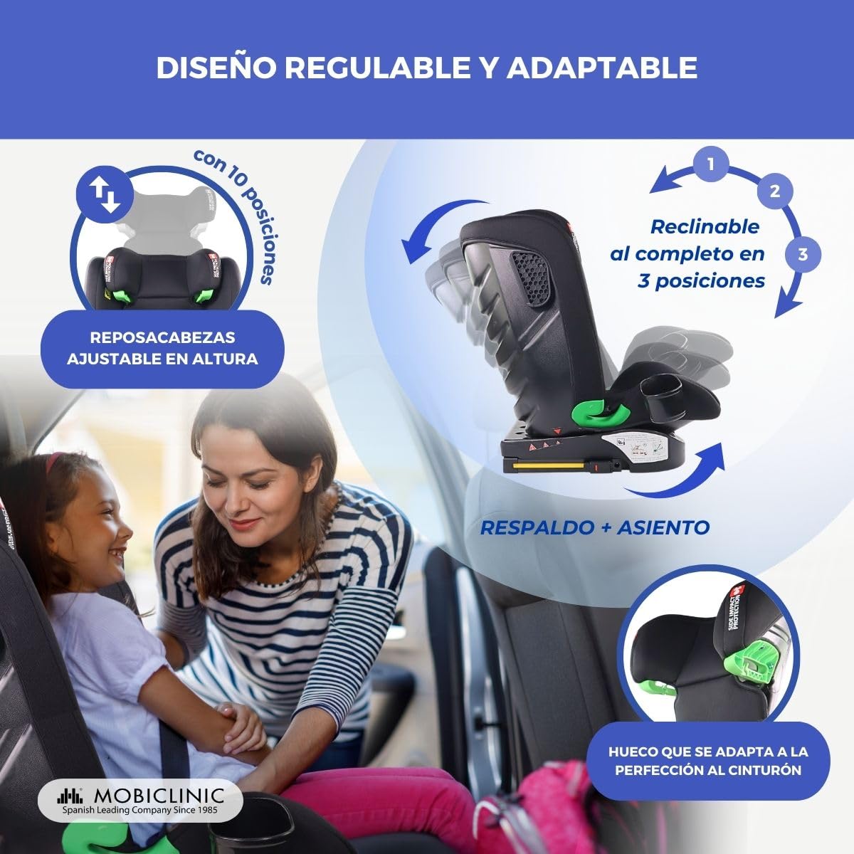 Mobiclinic® kids, Silla de coche, I-size, Isofix, Grupo 2/3, 36kg, 4-12 años, Lionfix max, Evolutiva, 100-150cm, Protección lateral, Reposacabezas regulable, Reclinable 3 posiciones, Portabotellas