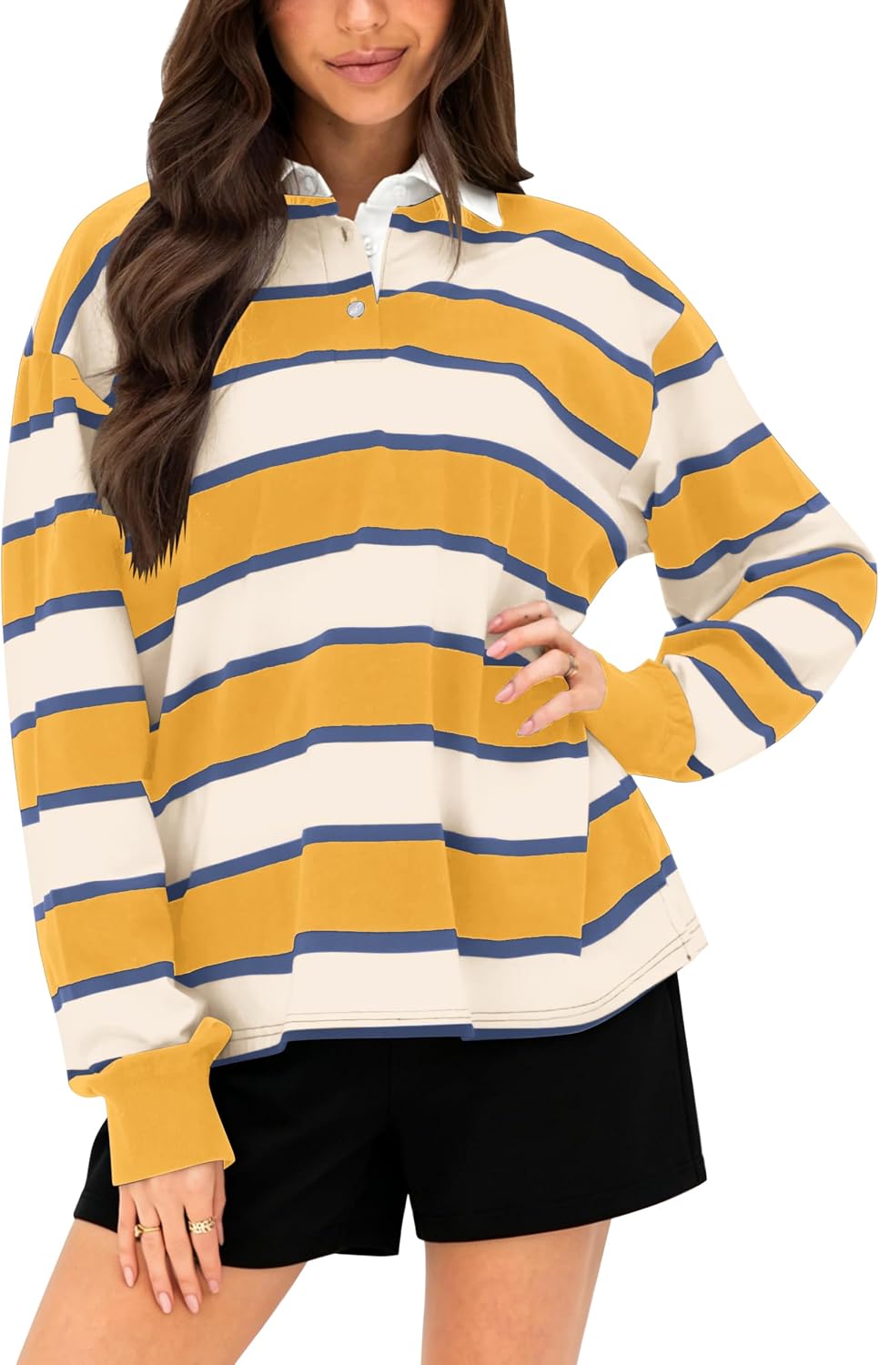 Lauweion Womens Rugby Shirt Long Sleeve Oversized Stripe Polo Shirts