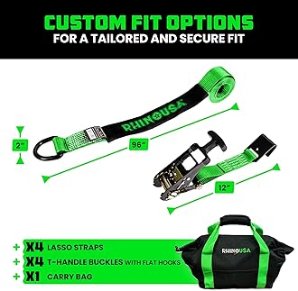 Rhino USA Car Tie Down Straps with Flat Hooks – 4 Pack 2" x8' – 10,000lbs Break Strength – Heavy Duty T-Handle Car Hauler Tire Lasso Wheel Straps for Trailers, UTV & Powersports – Green