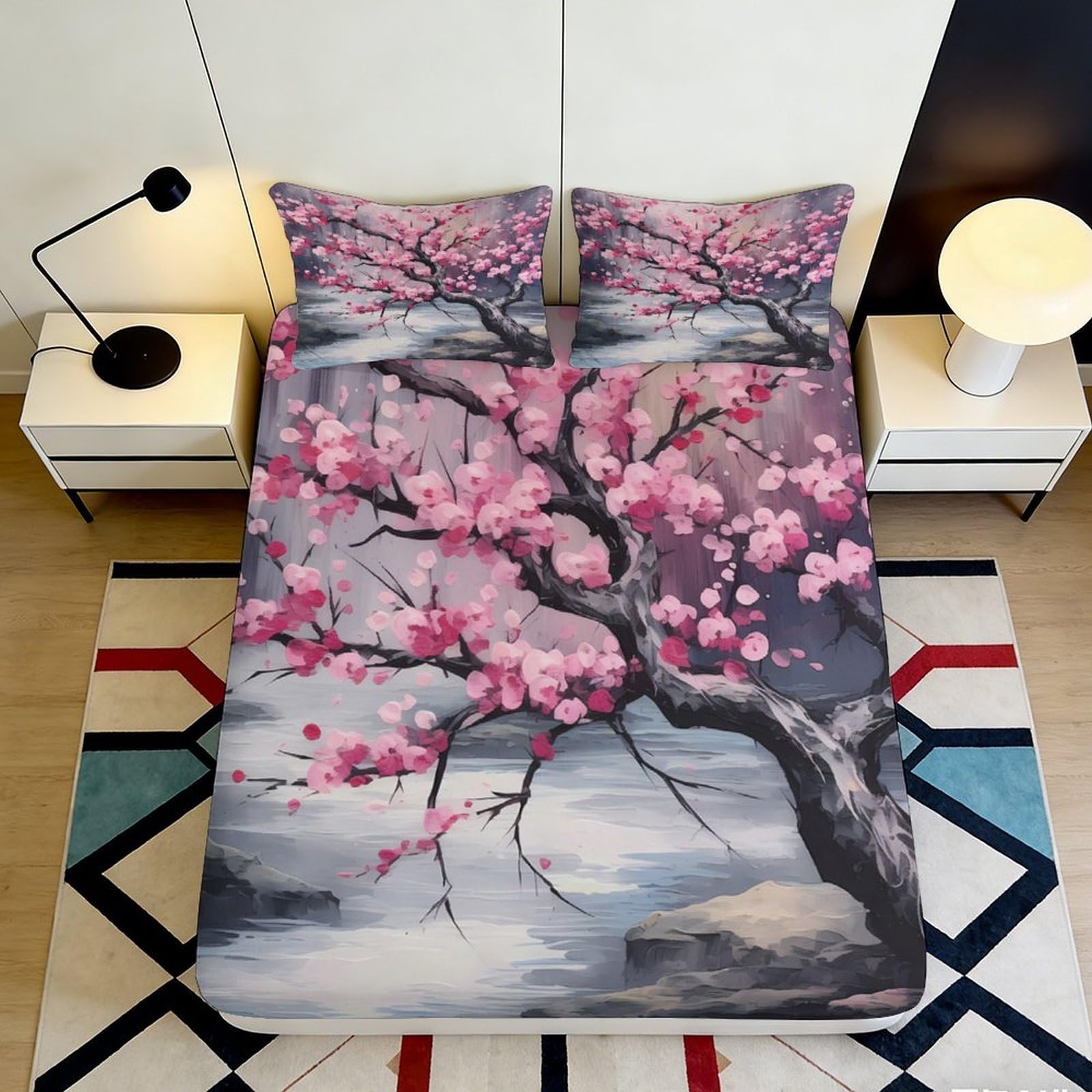 3D Printed Cherry Blossom Fitted Sheet Microfiber Soft Breathable Sakura Mattress Cover for Bedroom Dormitory Guest Room Mattress Protection Decor 120x200x25cm