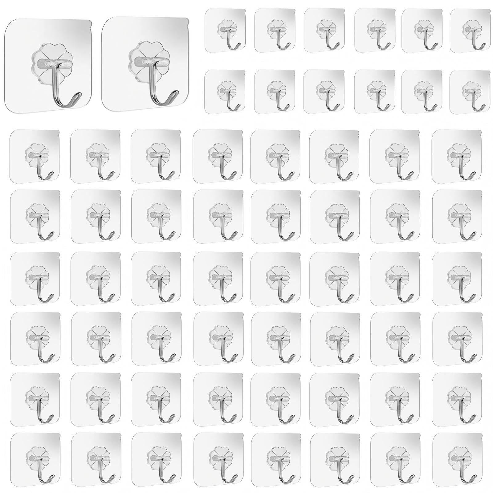 YCZARD 60Pcs Self Adhesive Hooks - 15kg/33lb Max, Clear Sticky Hooks for Hanging, Heavy Duty Wall Hooks Stick on for Hanging Coat, Towel, Picture, Keys, Wreath