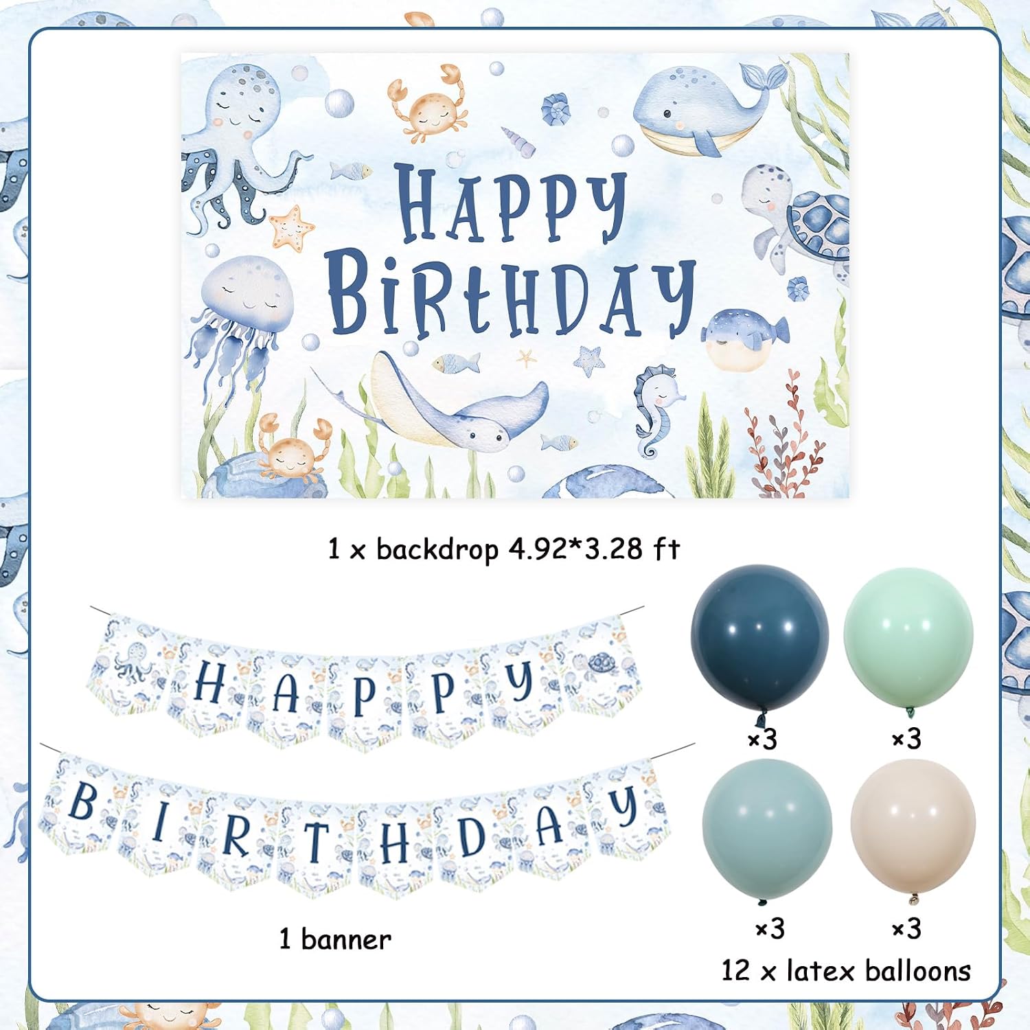 Under the Sea Happy Birthday Party Decorations for Boys - Ocean Theme Backdrop Kit with Underwater World Banner Retro Theme Balloons for Marine Animals Birthday Party Supplies