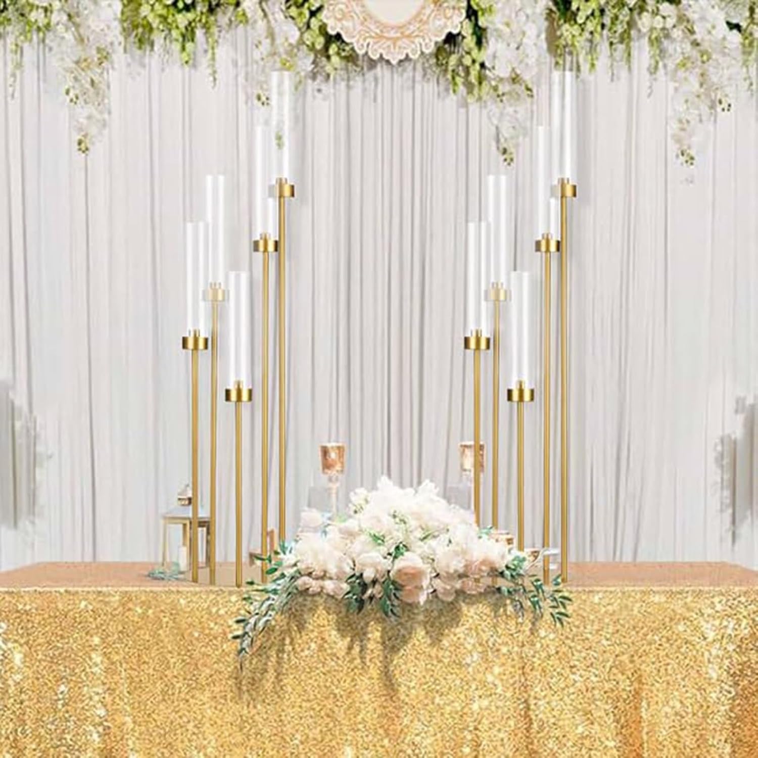 Gold Floor Candelabra, 5 Arm Tall Floor Candle Holder with Acrylic Lampshade for Wedding Table Birthday Party Home Decoration Fit LED Taper Candles(10PCS)
