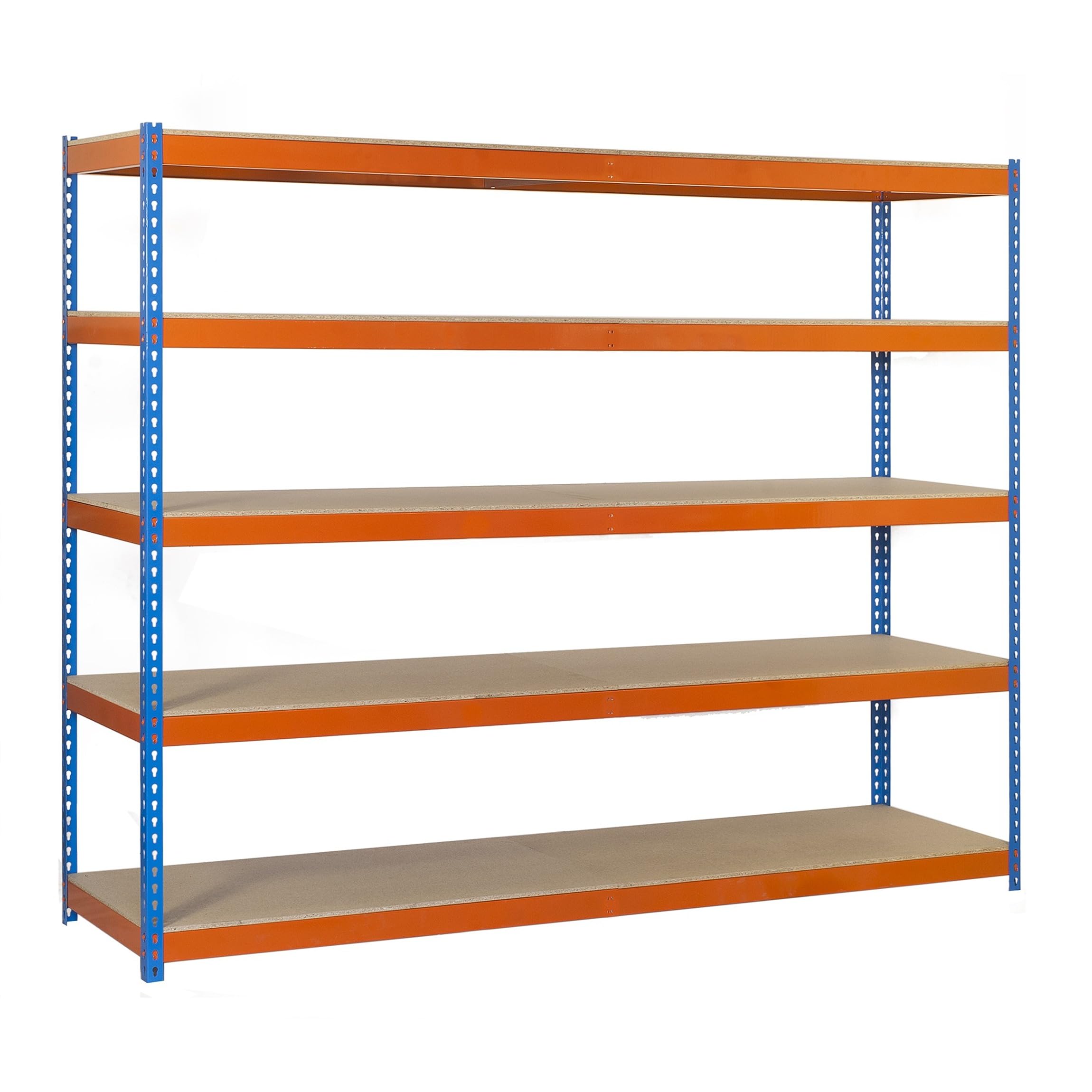 Simon Rack Estanterías Metálicas, 3000x1200x450 mm, 400 kg de Punto Flexión, 5 Estantes Madera, Estantería Almacenaje, Estantería Industrial, Azul/Naranja/Madera - SimonTaller