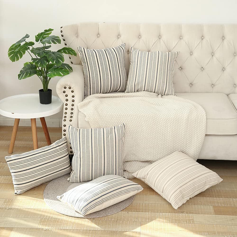 Kiuree Grey and Cream Farmhouse Throw Pillow Covers 18 x 18, Modern Accent Square Decorative Pillow Case, Set of 2 Stripes Textured Linen Throw Pillow Case for Sofa Couch Chair Bedroom(Grey): Home & Kitchen