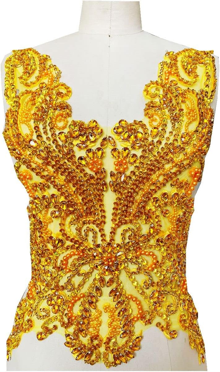Handmade 16 colour rhinestones lace bodice applique sew on beads sequins trimming patches for dress clothing accessories (Orange)