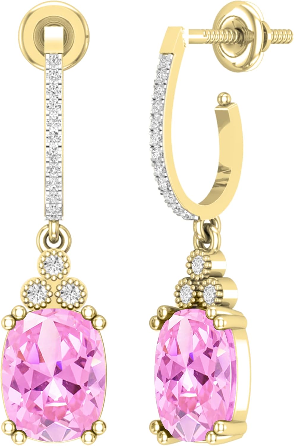 Dazzlingrock Collection 9x7mm Each Cushion Lab Created Gemstone & Round Natural White Diamond J-Shape Dangle Drop Earrings for Her in Real Solid Gold