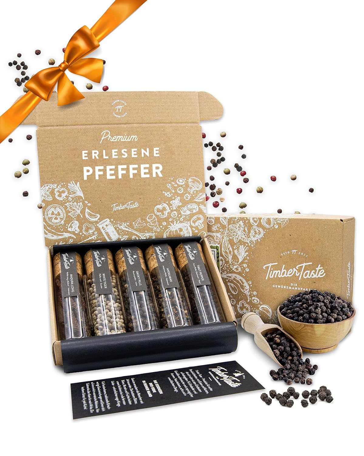 TIMBER TASTE® Pfeffer Geschenkset - 5 erlesene Pfeffersorten aus aller Welt, geschenkfertig | Ostergeschenke Erwachsene | Ostergeschenke für Frauen | Gewürzset Geschenk | Gewürze Geschenkset