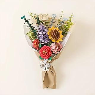 ROBOTIME Forever Flowers Bouquet, Wooden Flower Bouquet Building Kit TW01H, Sunflower/Red Camellia/Pink Rose/Lilac Gift for Mom/Wife