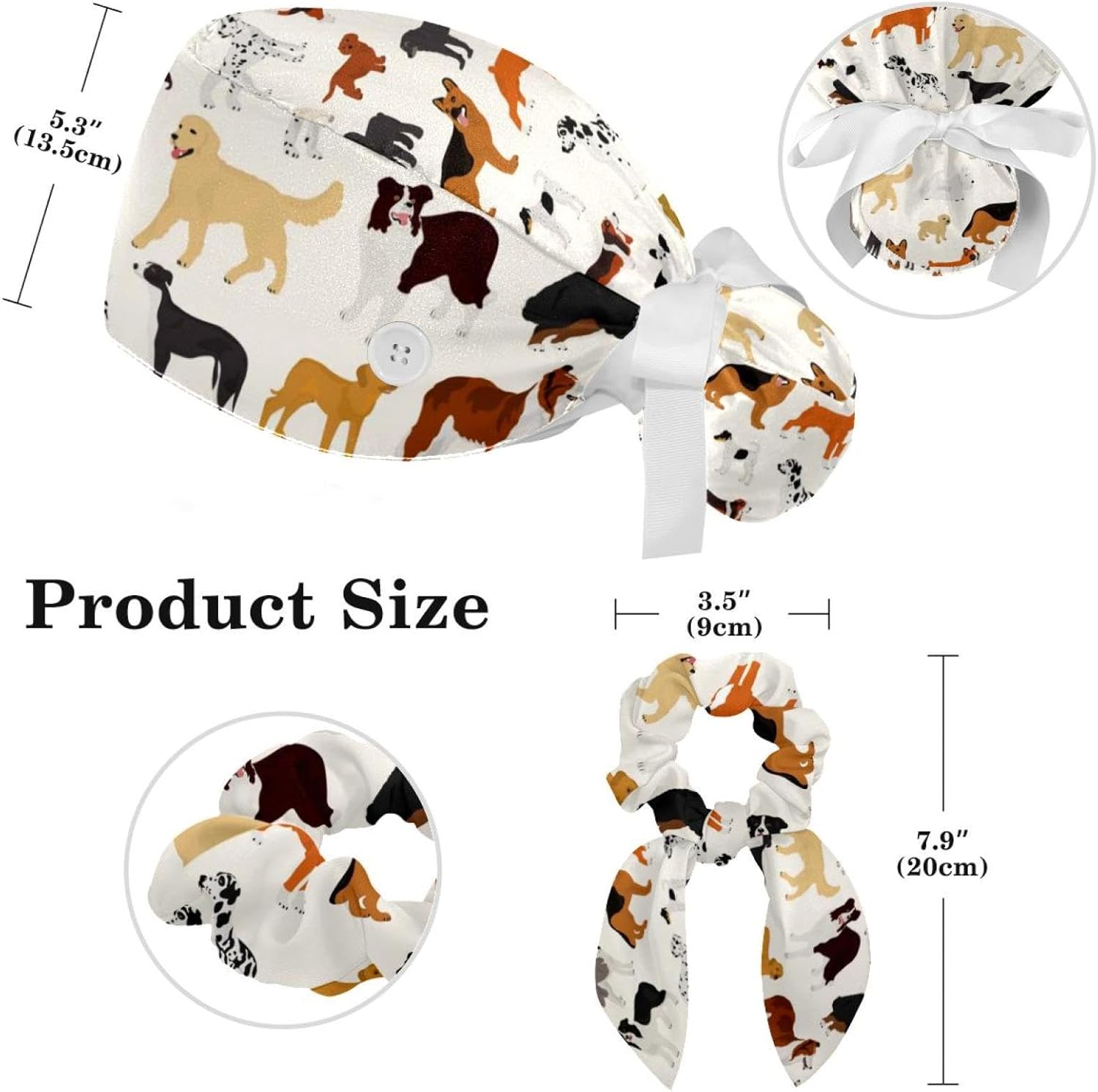 Animals Dogs Scrub Caps Adjustable Working Cap Surgical Caps Nurse Hat with Bow Hair Scrunchy - Image 2