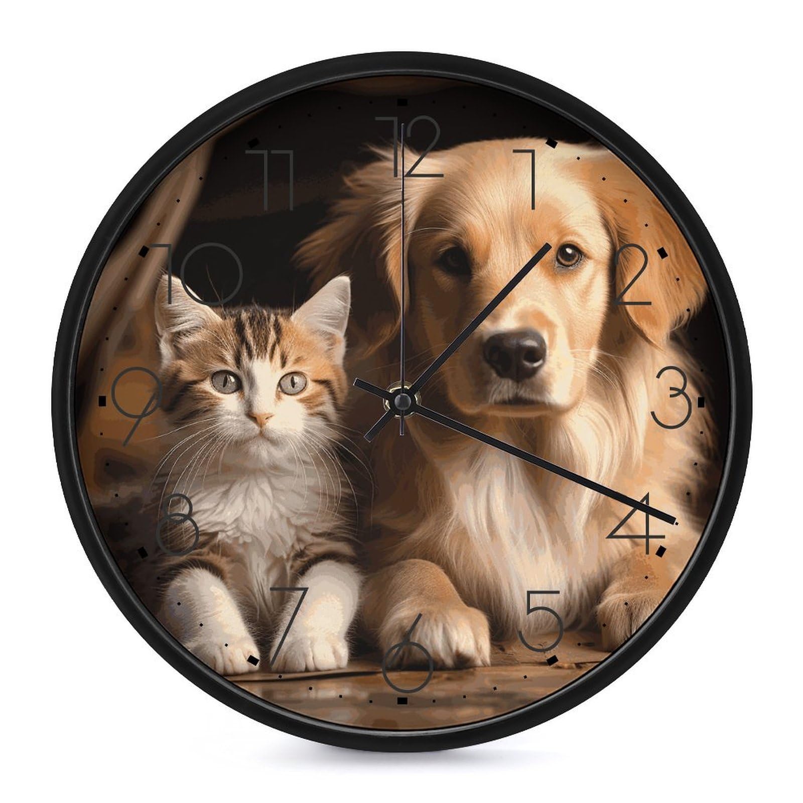 Horloge ronde de salon motif chien et chat au design analogique raffiné