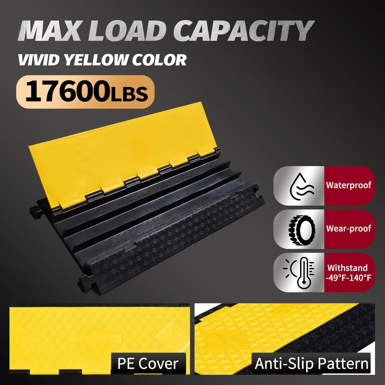 2 Pack 17600lbs Load Capacity Cable Ramps Cable Protector Ramp Heavy Duty Rubber Hose Protector Ramp Speed Bump Outdoor (3 Channels, Yellow & Black