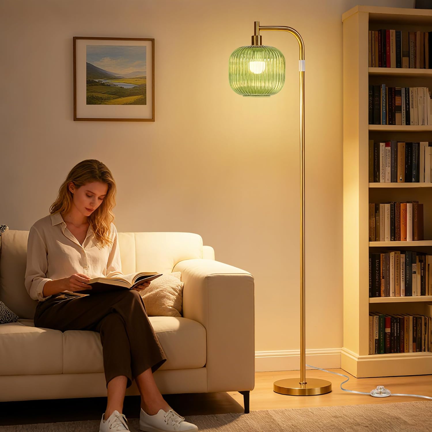 QiMH Glass Floor Lamp for Living Room, Modern Standing Lamp with Green Ribbed Glass Lampshade, Remote Control & Adjustable Height, 65” - 70”Tall Lamp for Bedroom Study Room, Brushed Gold
