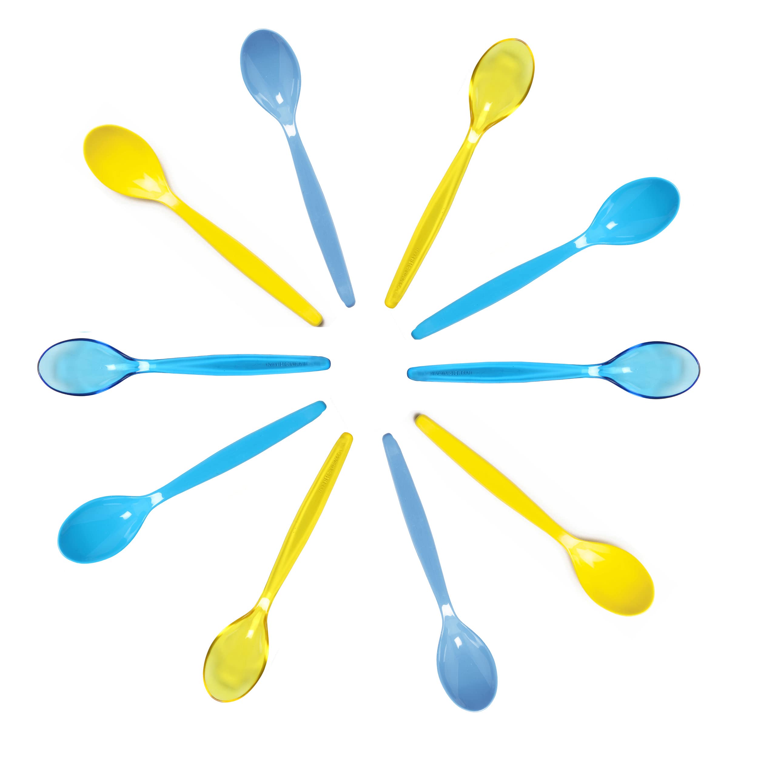 Harfield Pack of 10 Multicoloured Blue & Yellow Teaspoons Virtually Unbreakable BPA Free Reusable Copolyester Plastic