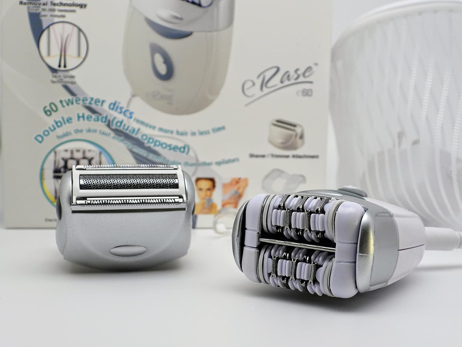 Emjoi eRase e60 Dual Opposed Heads 60-Disc 2-in-1 Electric Epilator Tweezer with Shaver/Trimmer and Sensitive Attachments
