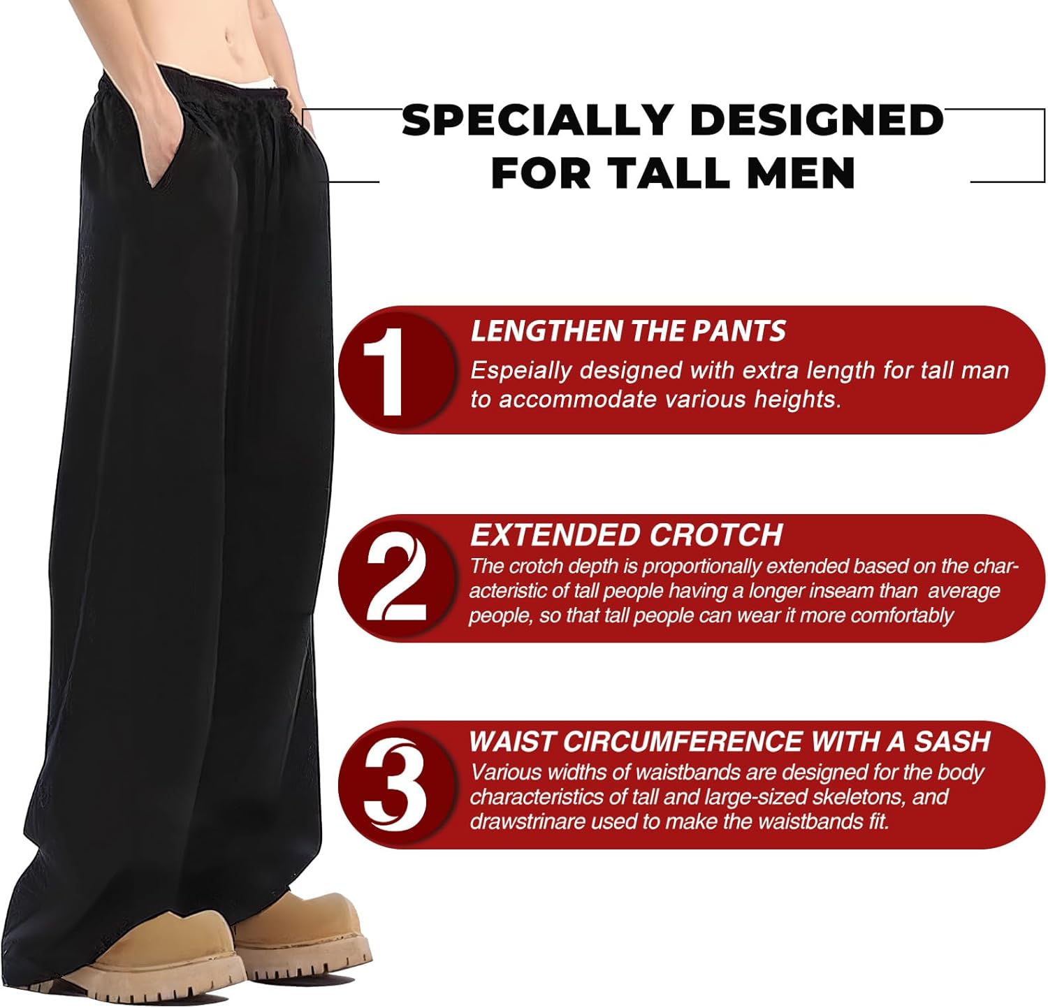 Sweatpants for Men, Big Size, Men's Extra Long Inseam, Mens Casual Fit Loose Drawstring Black Pants - Image 9