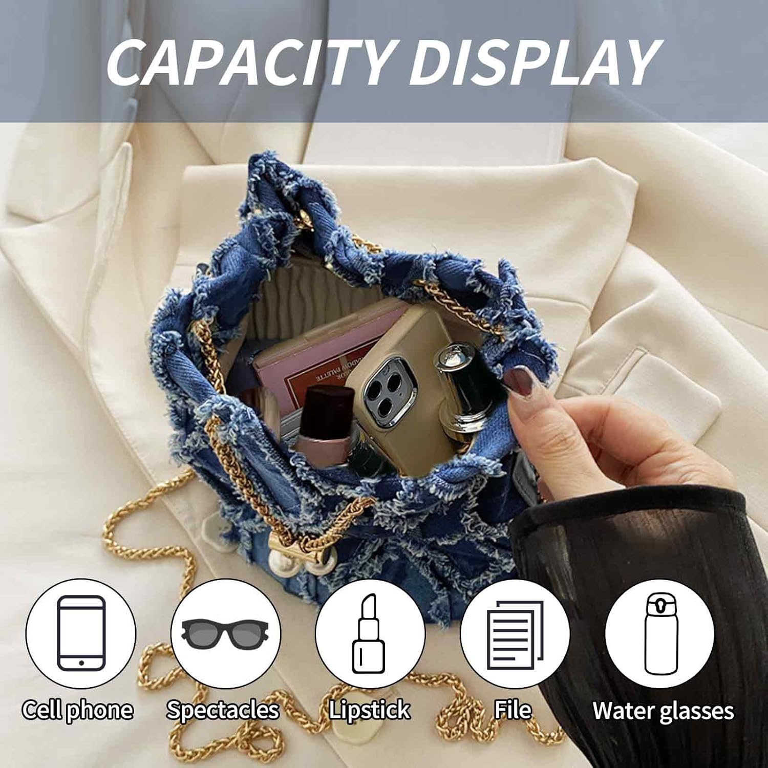 Blue Denim Purses for Women, Jean Bucket Bags, Crossbody Hobo Drawstring Handbag - Image 4