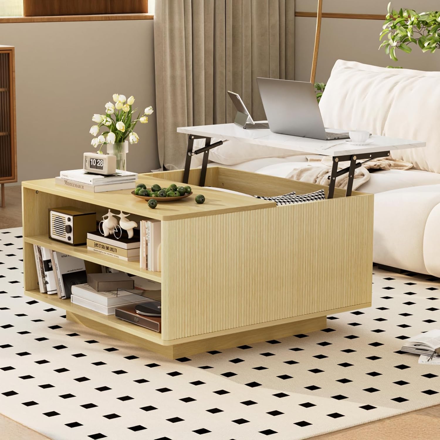 Lift Top Coffee Table with Storage, Fluted Coffee Table with Hidden Compartment and Storage Shelf, 31.5" Boho Center Table for Living Room Apartment Office