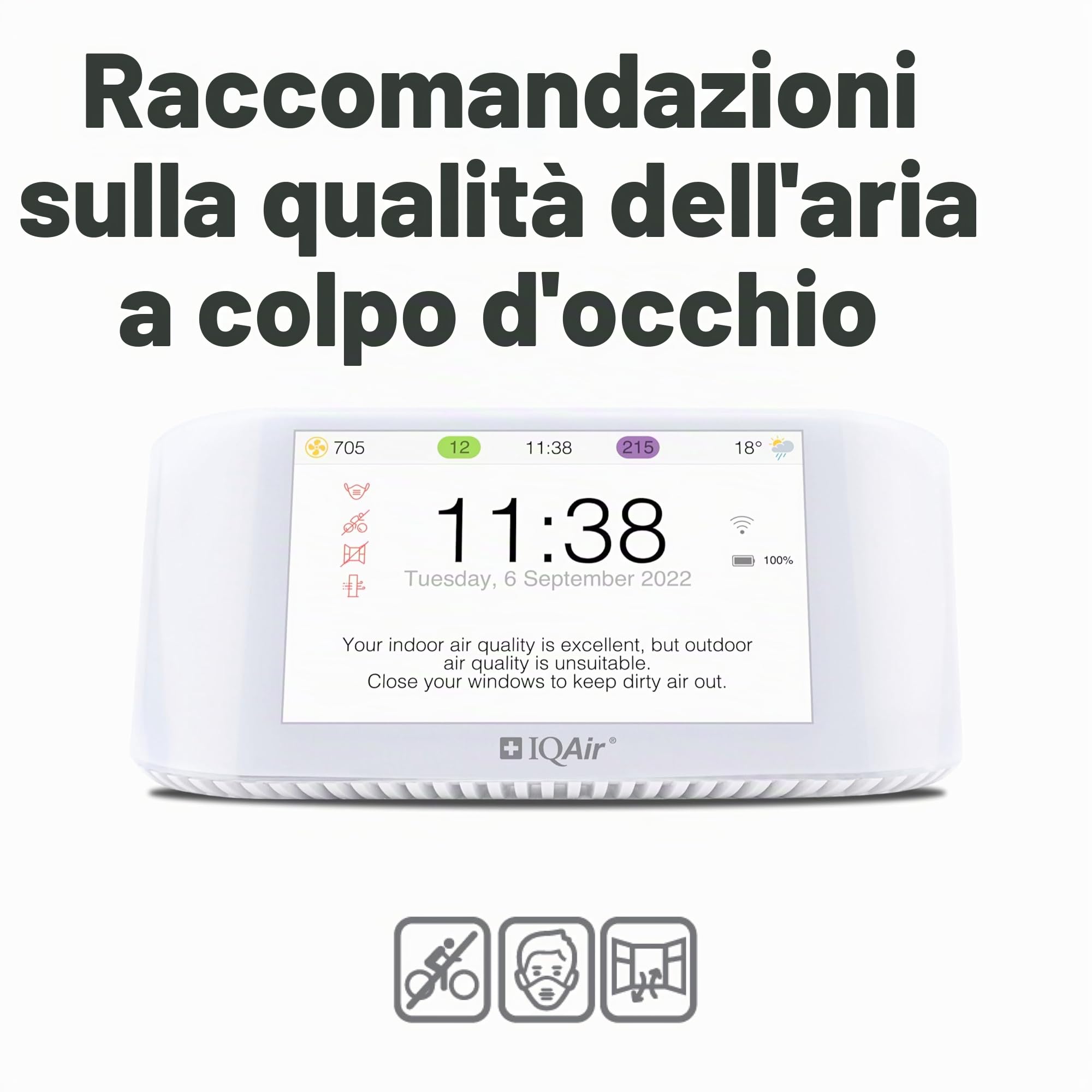 Misuratore di qualità dell'aria IQAir [PM2,5 polveri sottili, misuratore di CO2 con semaforo CO2, AQI, misuratore di temperatura e umidità], Smart Air Quality Monitor [Wi-Fi, WLAN, App]