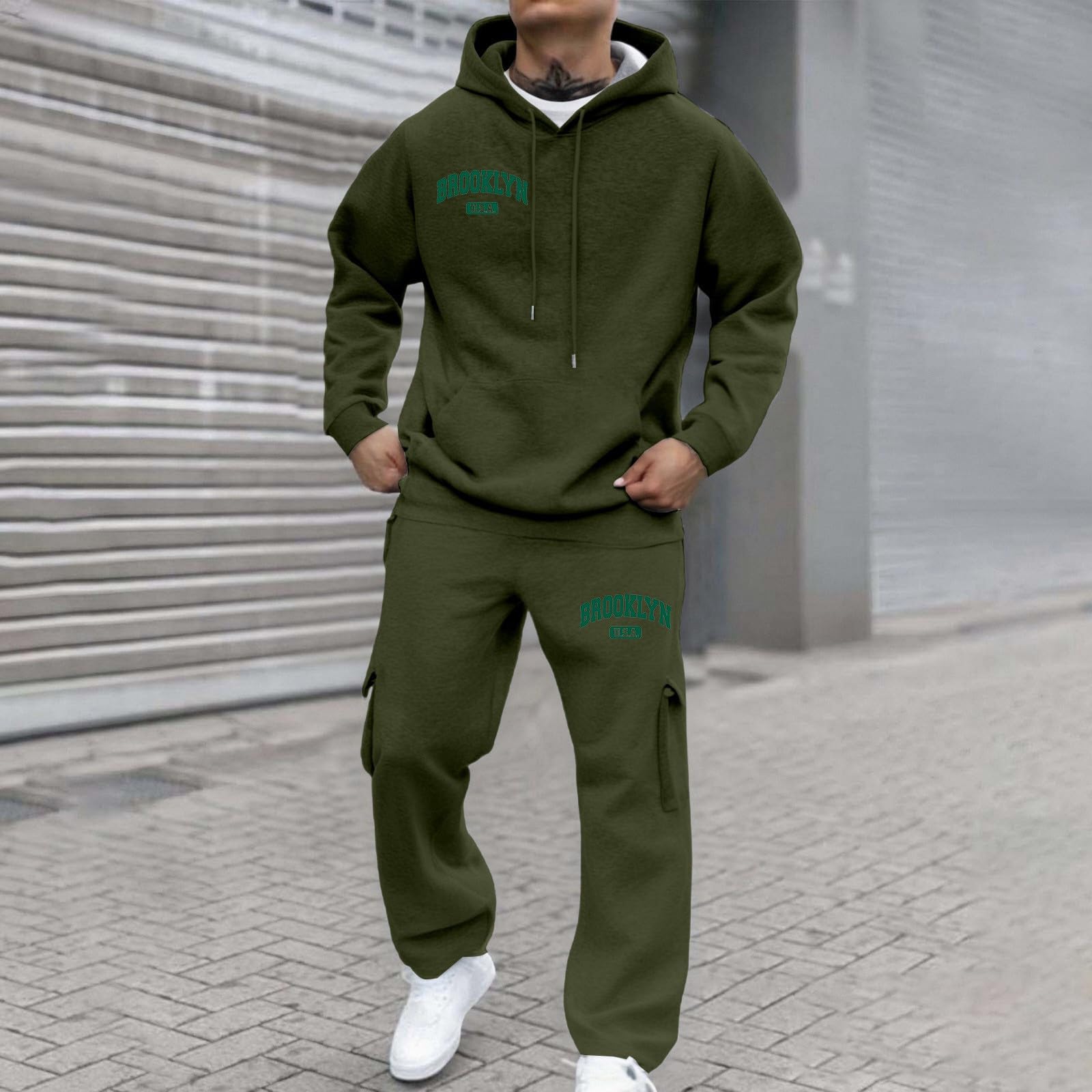 Generisch Męski dres do joggingu, bluza z kapturem, spodnie do biegania, jednokolorowy, dres treningowy, strój rekreacyjny, przewiewna bawełna, ciepła bawełna Y2K, kieszenie, kaptur, zestaw dresowy