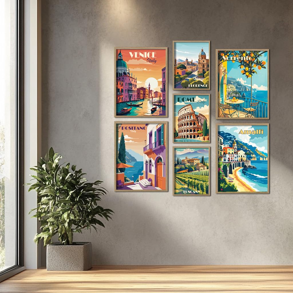 ag.art deco® 7er Set Poster Ohne Rahmen Wanddeko Wohnzimmer Modernes Design | Premium XXL 7 moderne Travel Italien Rome Venice Toskana Sorrento Amalfi Florence Vintage Retro Terrakotta Mediterran, Flur