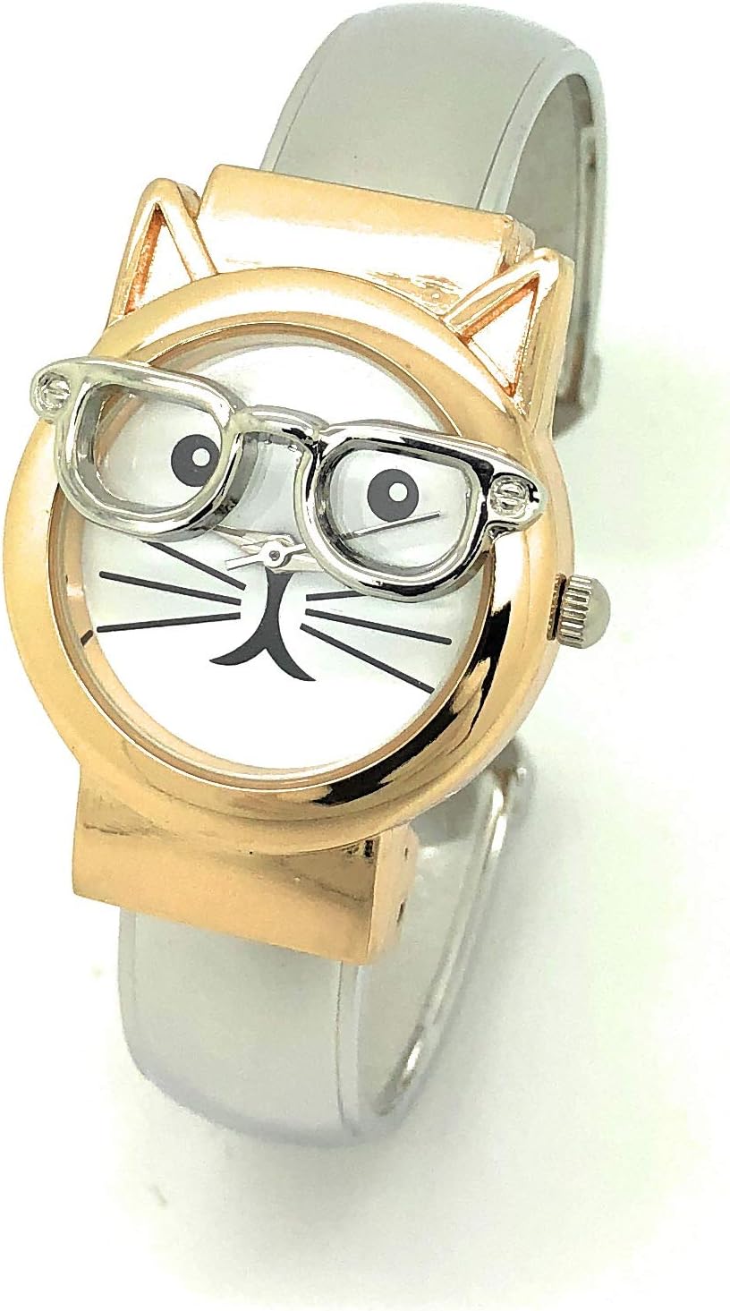 Ladies Silly Kitty Cat Glasses Elegant Metal Bangle Cuff Fashion Watch