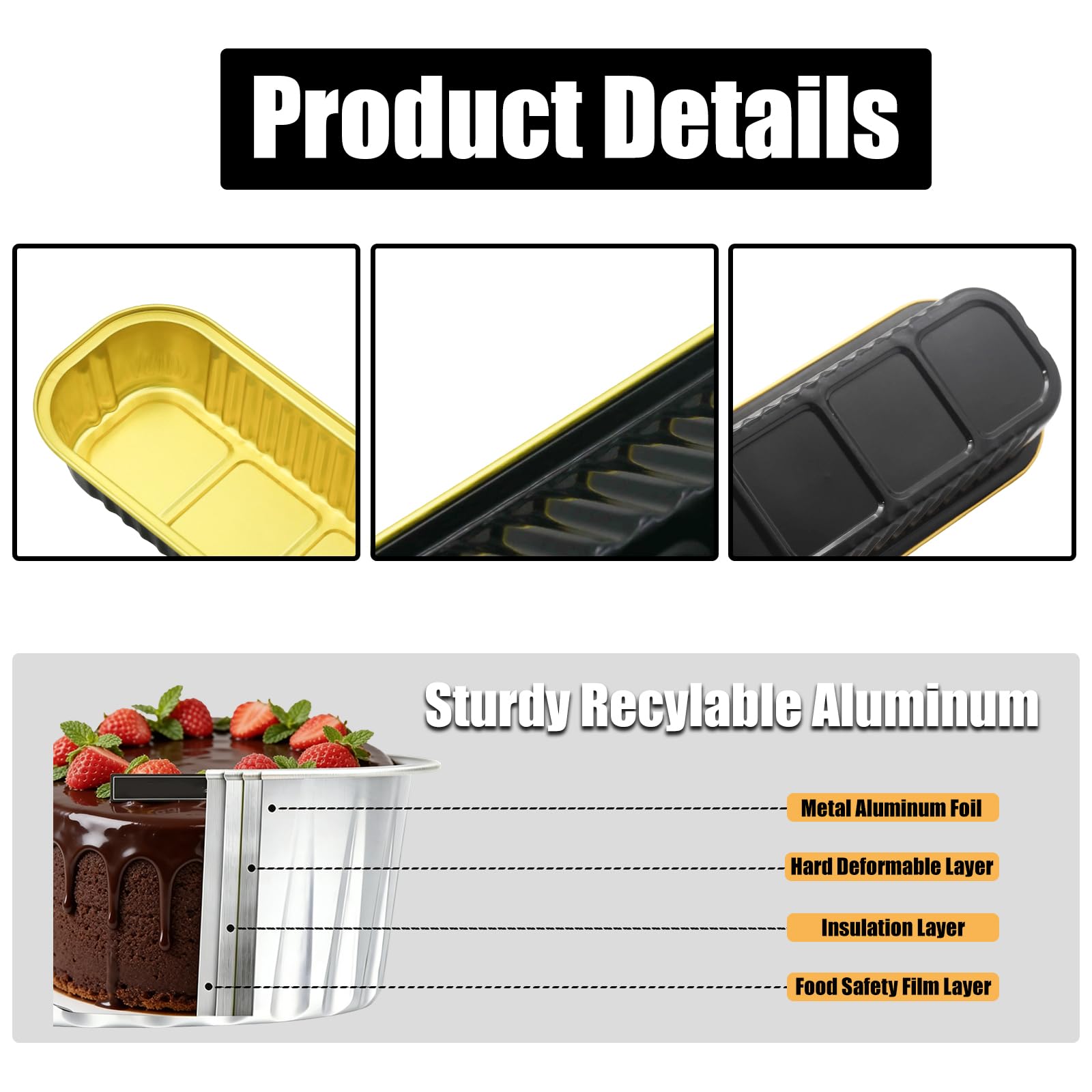 Paquete de 50 mini moldes para tartas de 6.8 onzas con tapas, mini moldes rectangulares desechables para tartas con tapas para picnics, fiestas, bodas, cumpleaños, color negro y dorado